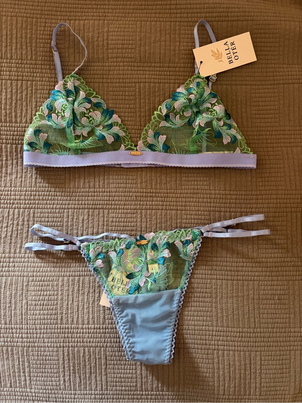 Nette Rose Embroidered Floral Lace Bralette & Thong Set - Green & Lavender